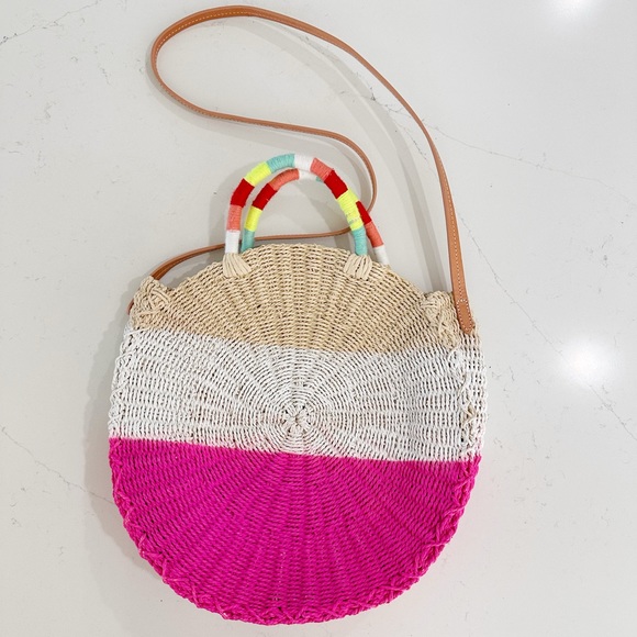 J. Crew Handbags - JCrew round straw bag in pink/white leather strap